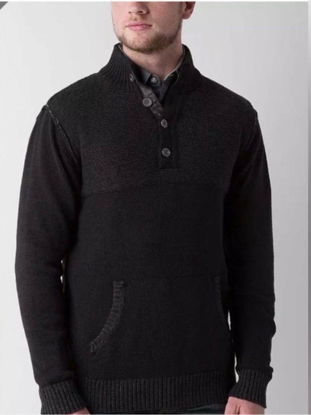 Men's Black and Gray Button-Neck Knit Sweater, J.B. Holt, Size Medium